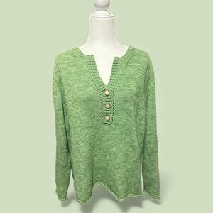 Eddie Bauer Women Olive Green Tight Knit Ramie Bld Henley Plunge NeckSweater XXL